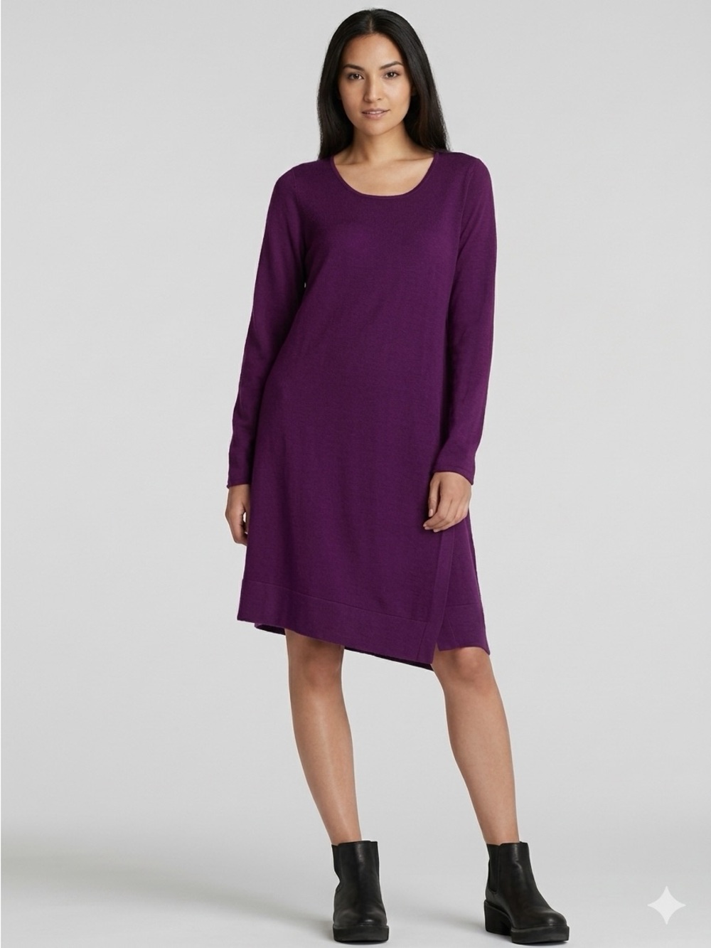 Eileen Fisher NWT Long-Sleeve 100% Merino Wool Midi Dress in Deep Plum, size L
